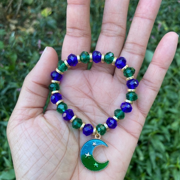 🌙Blue Plated Enamel Moon Celestial Charm Glass Bead Stackable Bracelet - Picture 3 of 5